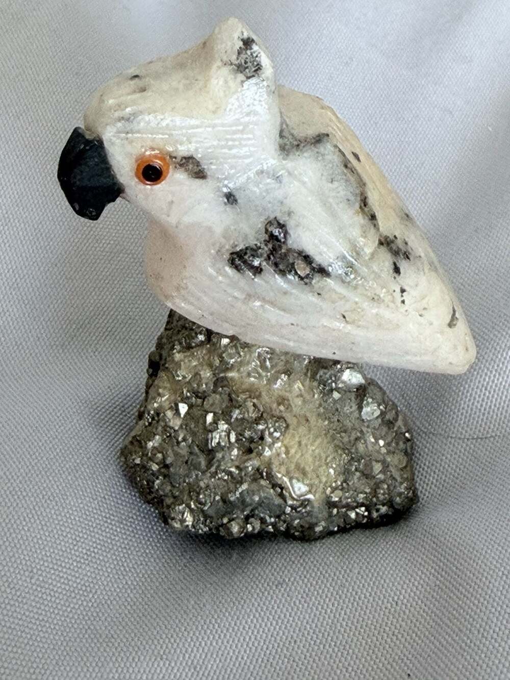 Hand Carved Quartz Cockatoo Bird Figurine On Pyrite Base